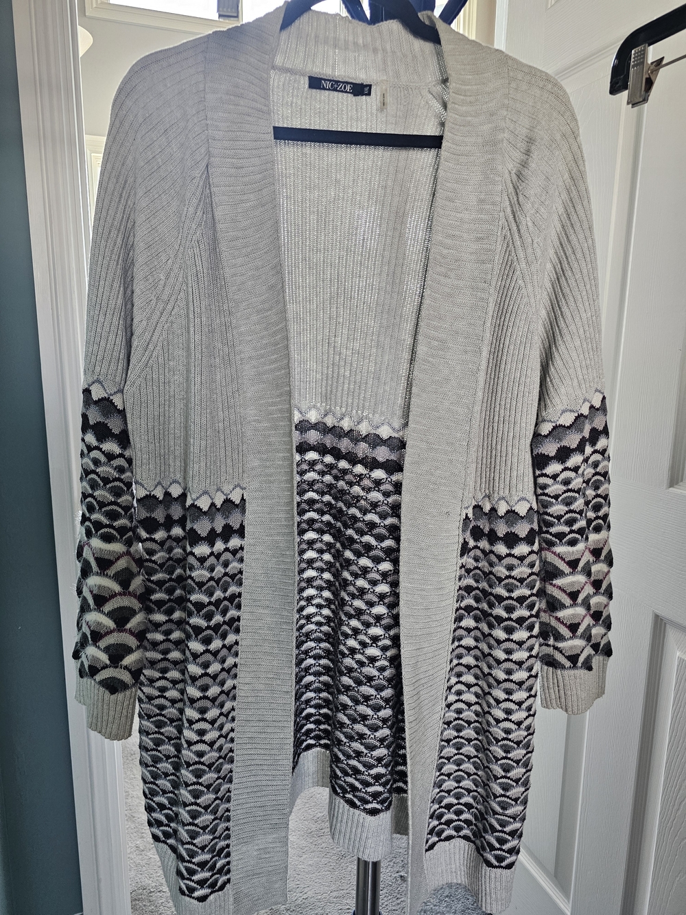 NIC+ZOE Light Gray Open-Front Cardigan with Purple And Dark Grey Pattern